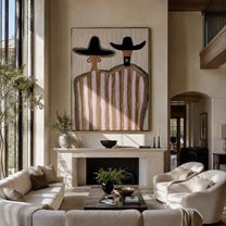 Two Hats Guard Blush - pink striped figure pair painting by Elliot Vale, modern figurative vertical wall art - styled room scene view 1