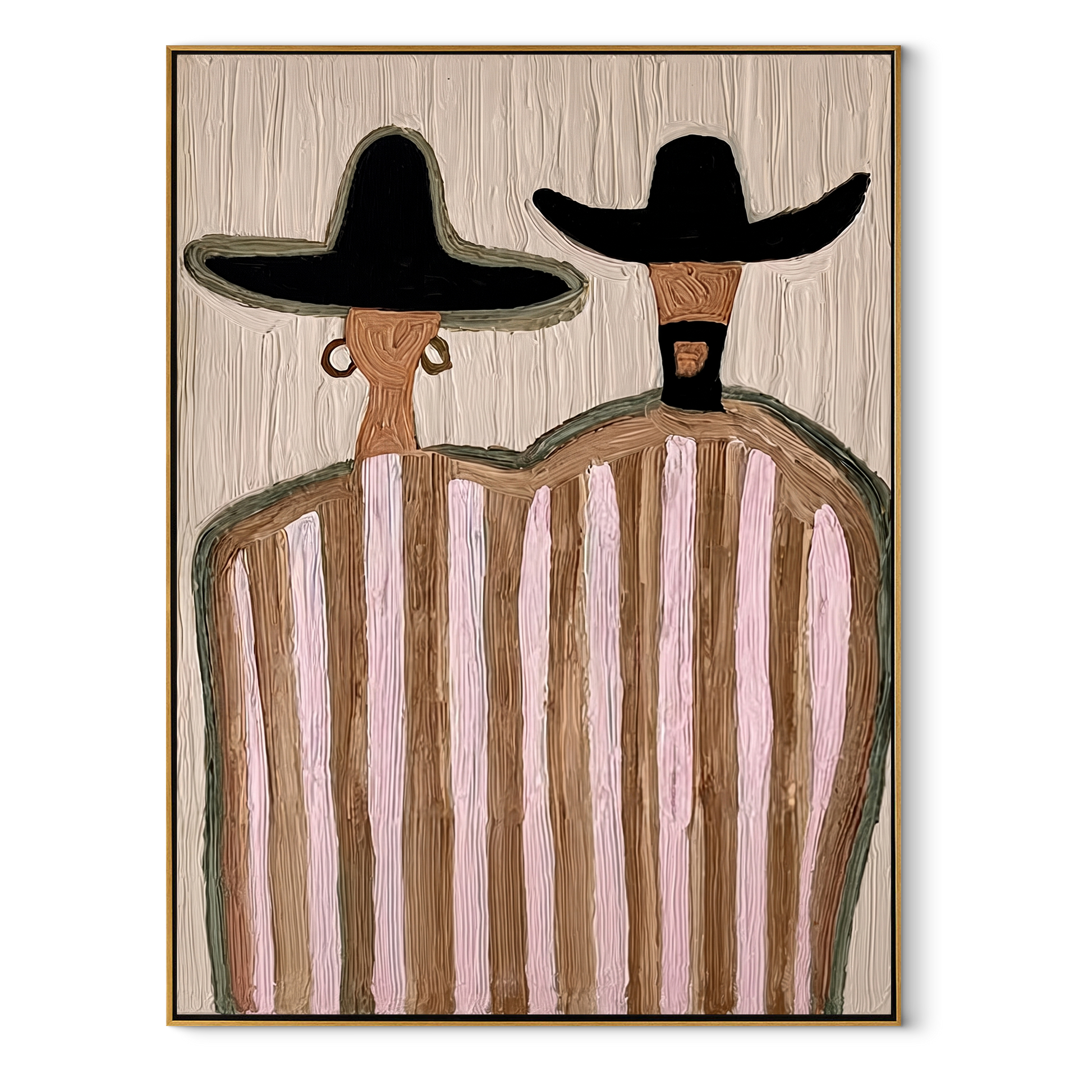 Two Hats Guard Blush - pink striped figure pair painting by Elliot Vale, modern figurative vertical wall art - wood frame on white background