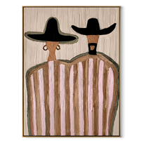 Two Hats Guard Blush - pink striped figure pair painting by Elliot Vale, modern figurative vertical wall art - wood frame on white background