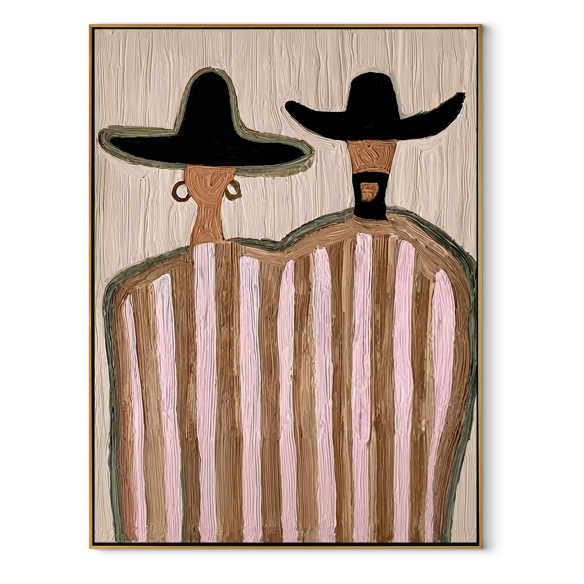 Two Hats Guard Blush - pink striped figure pair painting by Elliot Vale, modern figurative vertical wall art - wood frame on white background