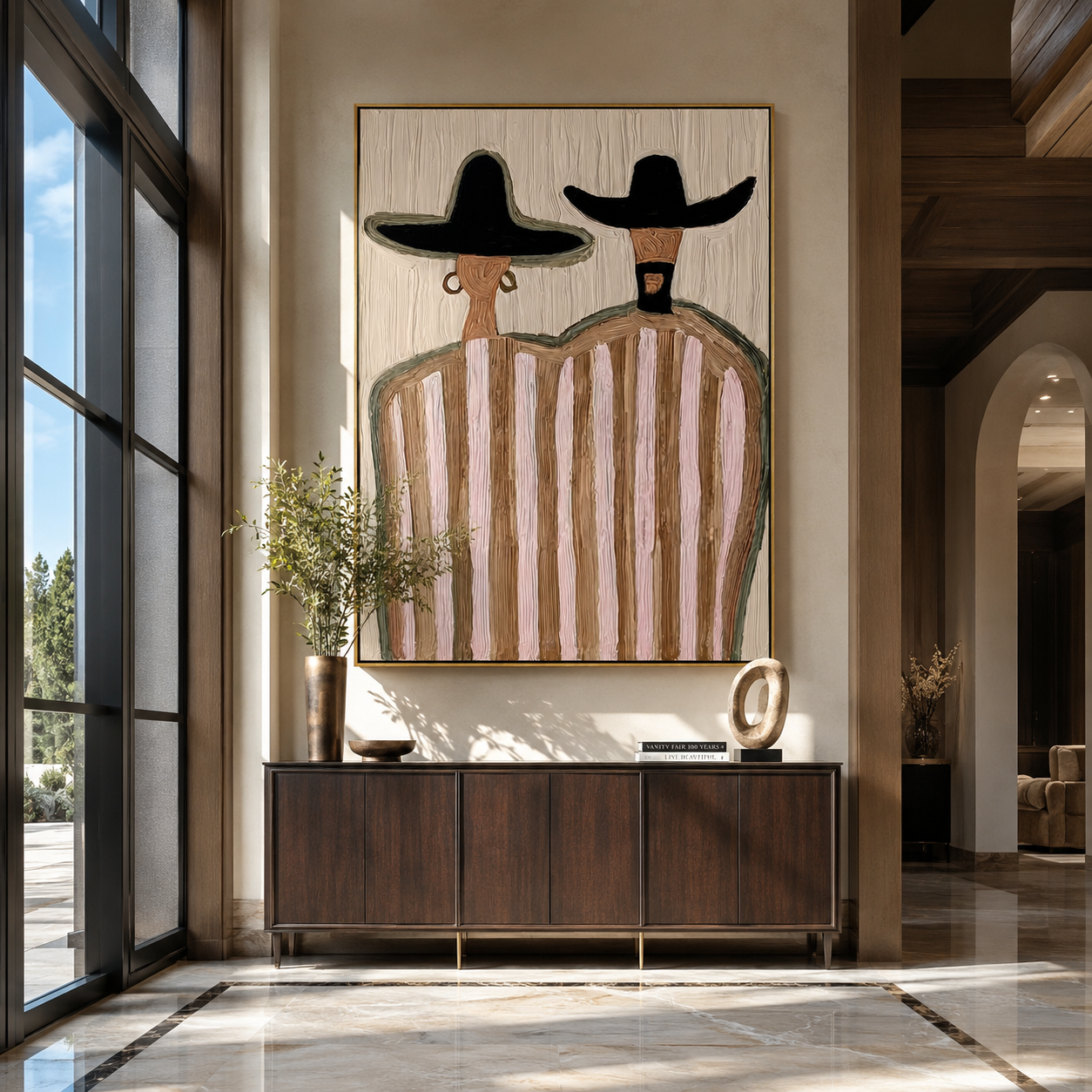 Two Hats Guard Blush - pink striped figure pair painting by Elliot Vale, modern figurative vertical wall art - styled room scene view 2