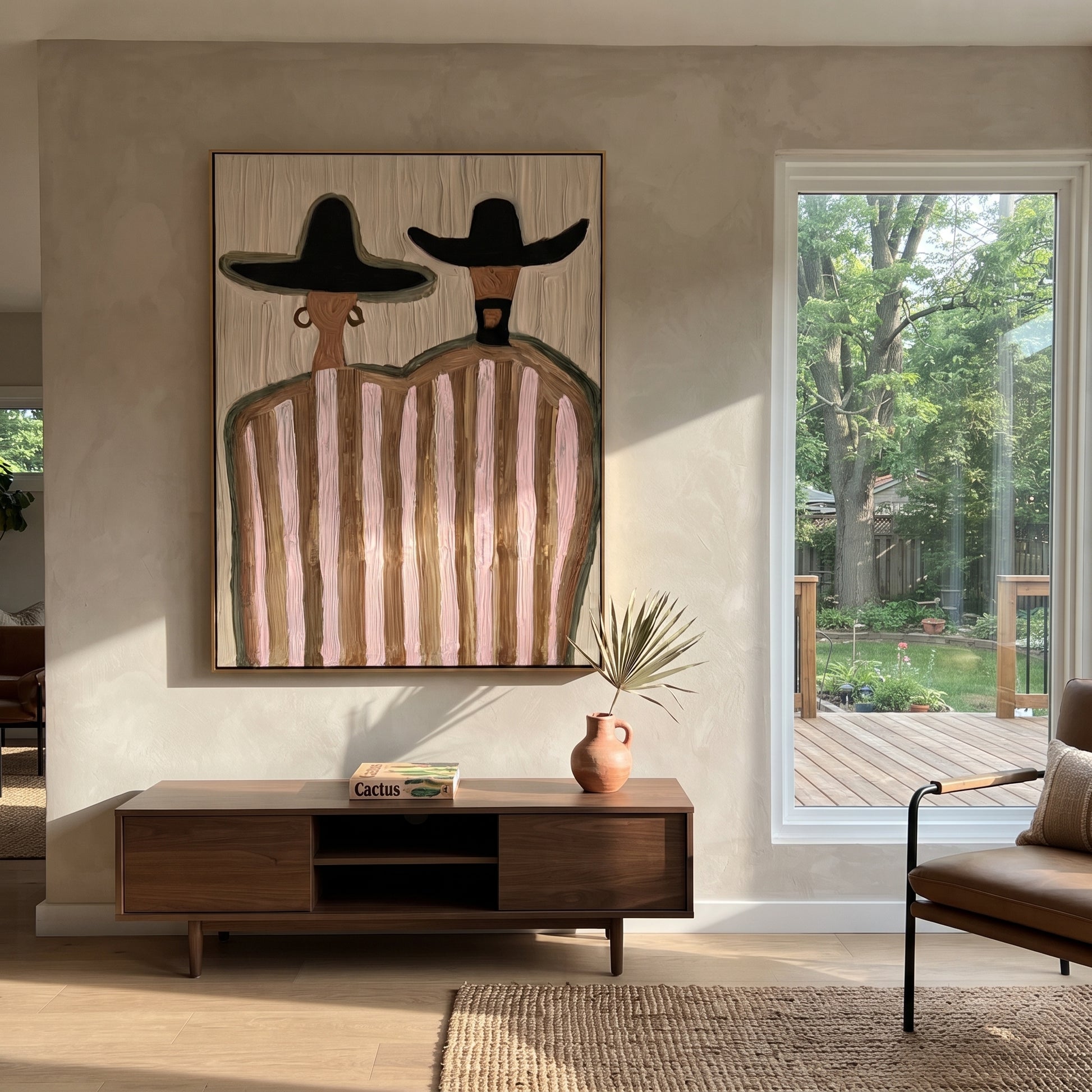 Two Hats Guard Blush - pink striped figure pair painting by Elliot Vale, modern figurative vertical wall art - styled room scene view 3