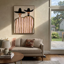 Two Hats Guard Blush - pink striped figure pair painting by Elliot Vale, modern figurative vertical wall art - styled room scene view 4