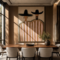 Two Hats Guard Blush - pink striped figure pair painting by Elliot Vale, modern figurative vertical wall art - styled room scene view 5