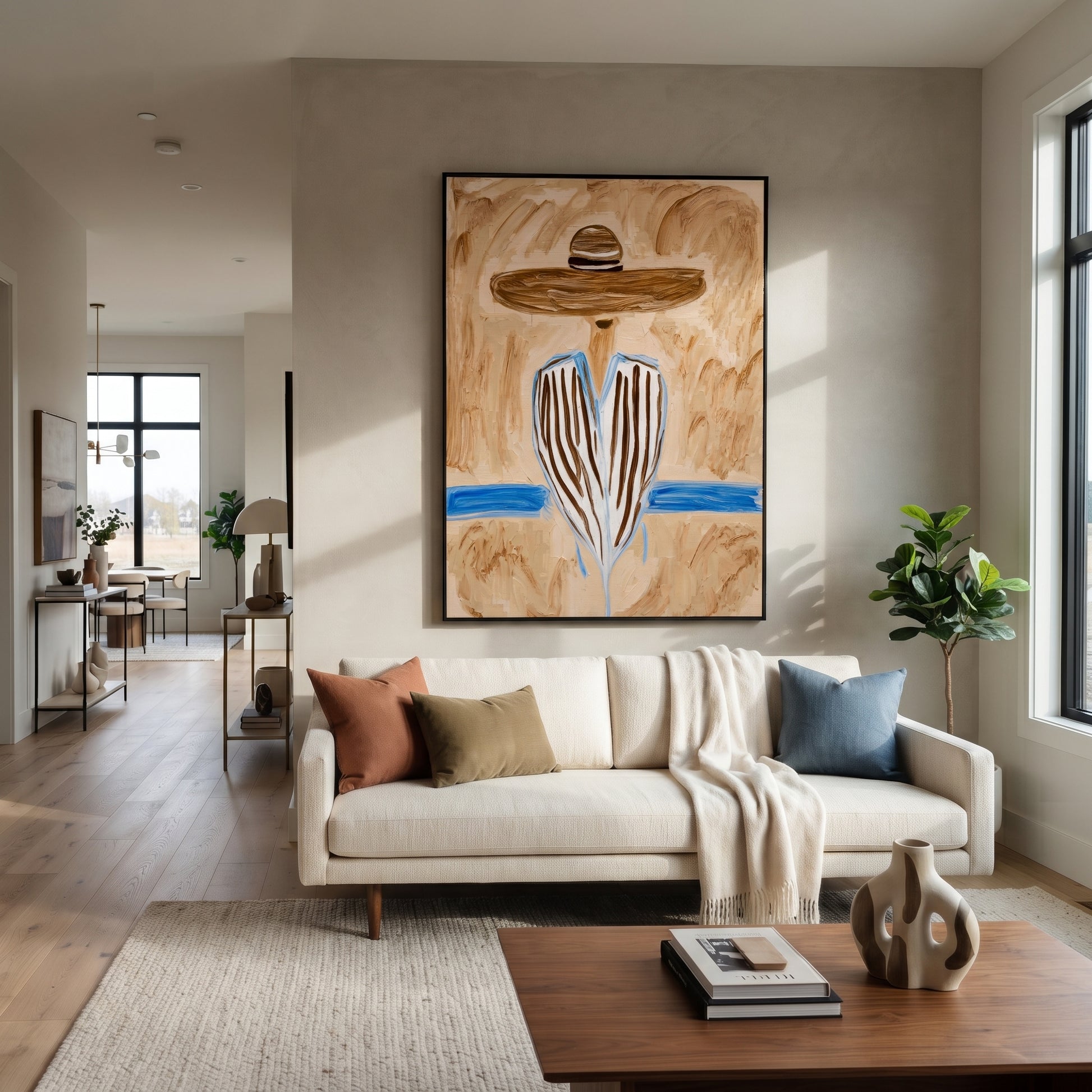 Blue Stripes Meet Sand - blue striped sombrero figure painting by Elliot Vale, modern figurative vertical wall art - styled room scene view 1