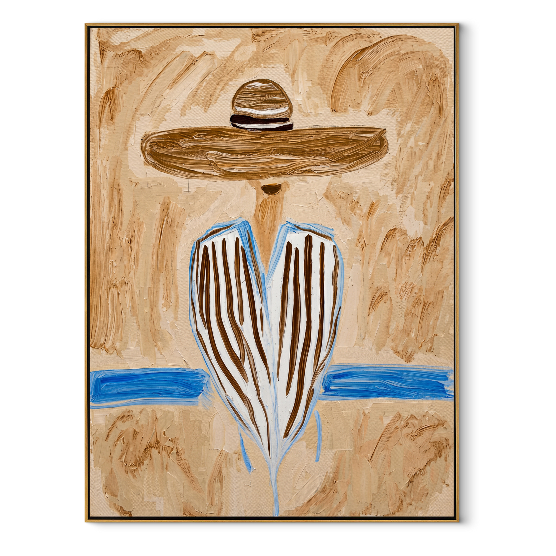Blue Stripes Meet Sand - blue striped sombrero figure painting by Elliot Vale, modern figurative vertical wall art - framed artwork on white background