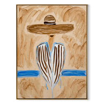 Blue Stripes Meet Sand - blue striped sombrero figure painting by Elliot Vale, modern figurative vertical wall art - framed artwork on white background