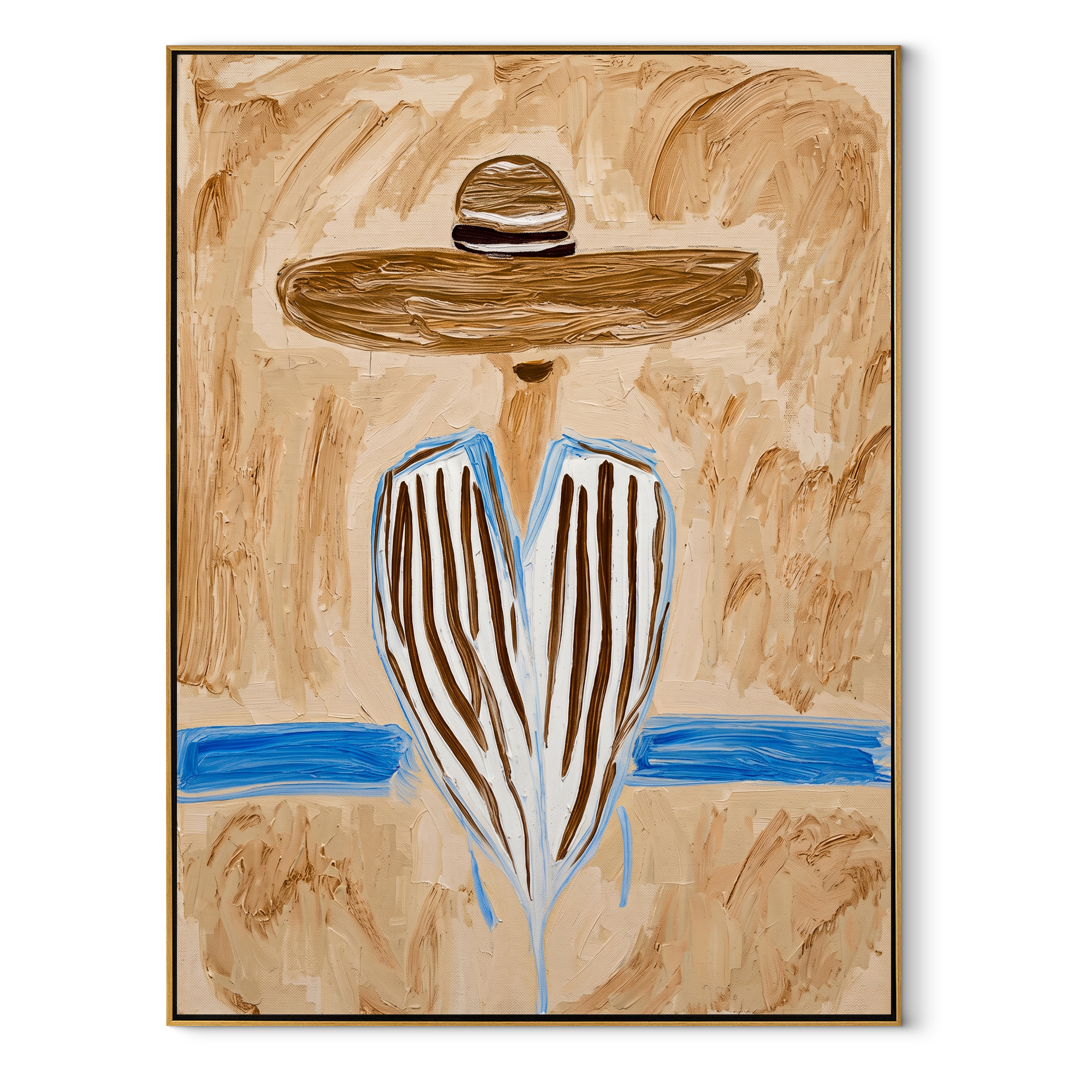 Blue Stripes Meet Sand - blue striped sombrero figure painting by Elliot Vale, modern figurative vertical wall art - framed artwork on white background