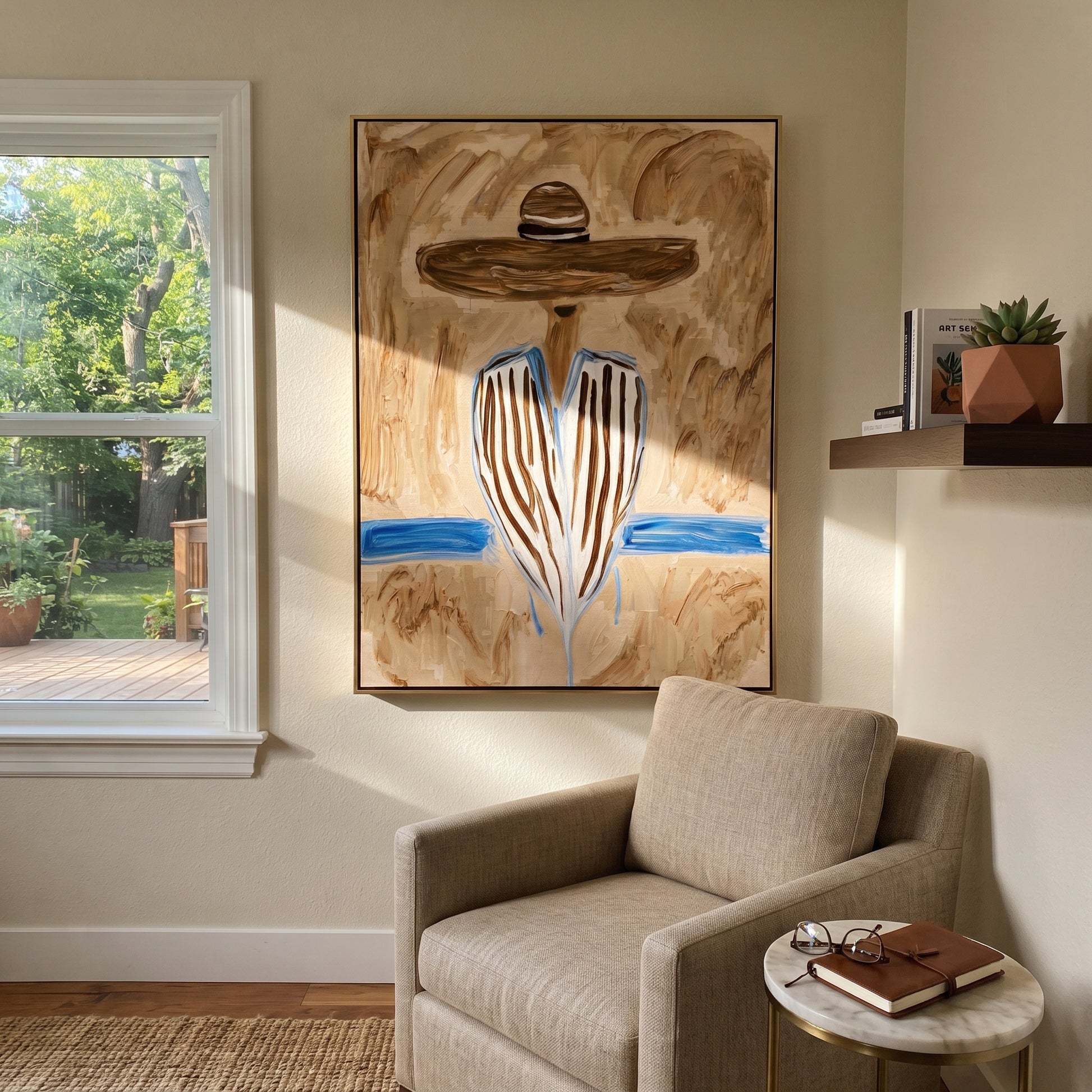 Blue Stripes Meet Sand - blue striped sombrero figure painting by Elliot Vale, modern figurative vertical wall art - styled room scene view 3