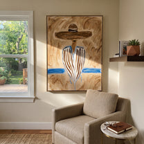 Blue Stripes Meet Sand - blue striped sombrero figure painting by Elliot Vale, modern figurative vertical wall art - styled room scene view 3