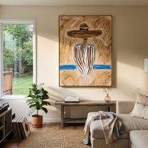 Blue Stripes Meet Sand - blue striped sombrero figure painting by Elliot Vale, modern figurative vertical wall art - styled room scene view 4