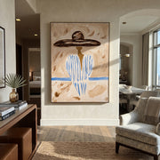 Pale Blue Holds Distance - blue striped sombrero figure painting by Elliot Vale, modern figurative vertical wall art - styled room scene view 1