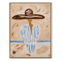 Pale Blue Holds Distance - blue striped sombrero figure painting by Elliot Vale, modern figurative vertical wall art - framed artwork on white background