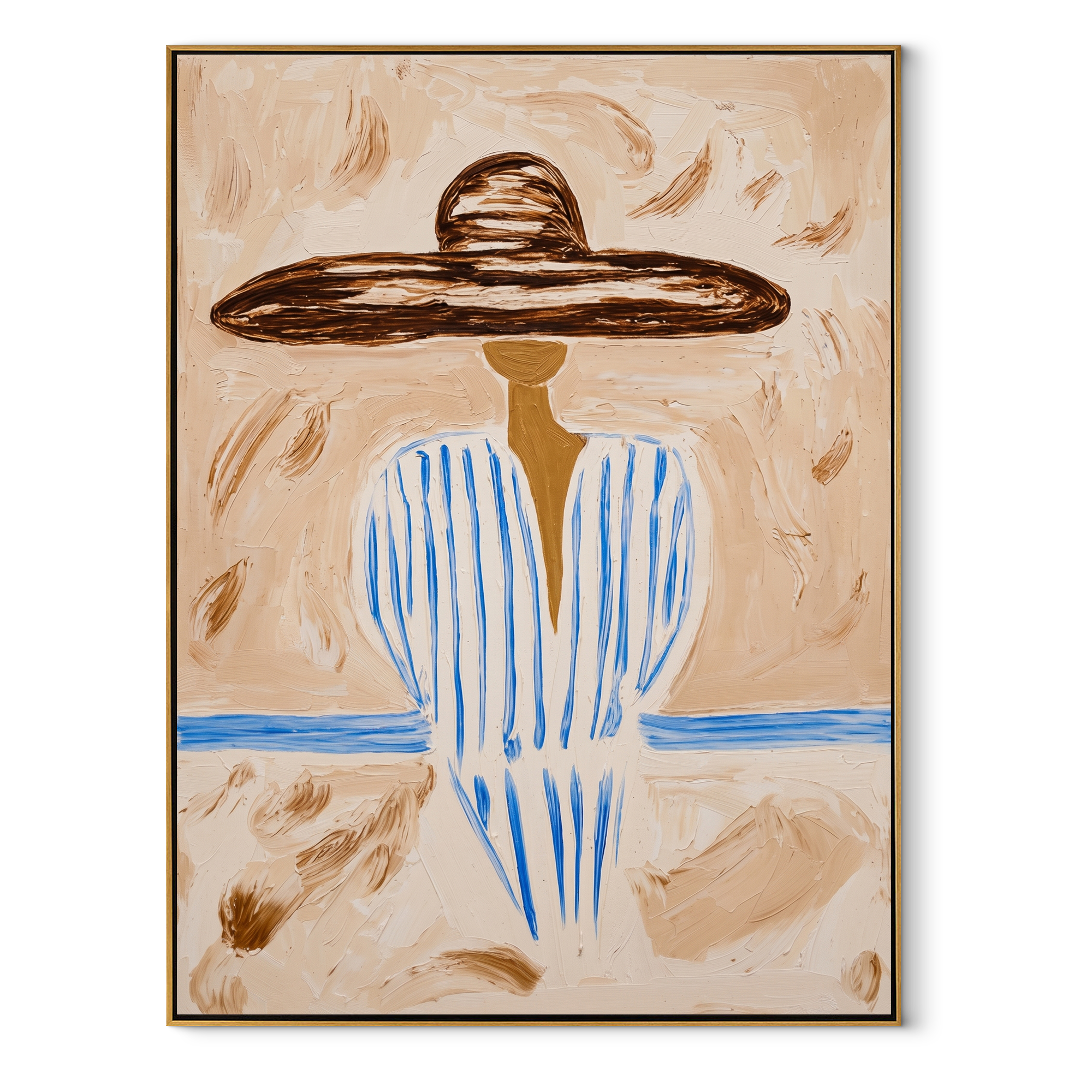 Pale Blue Holds Distance - blue striped sombrero figure painting by Elliot Vale, modern figurative vertical wall art - framed artwork on white background