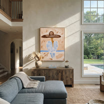 Pale Blue Holds Distance - blue striped sombrero figure painting by Elliot Vale, modern figurative vertical wall art - styled room scene view 2