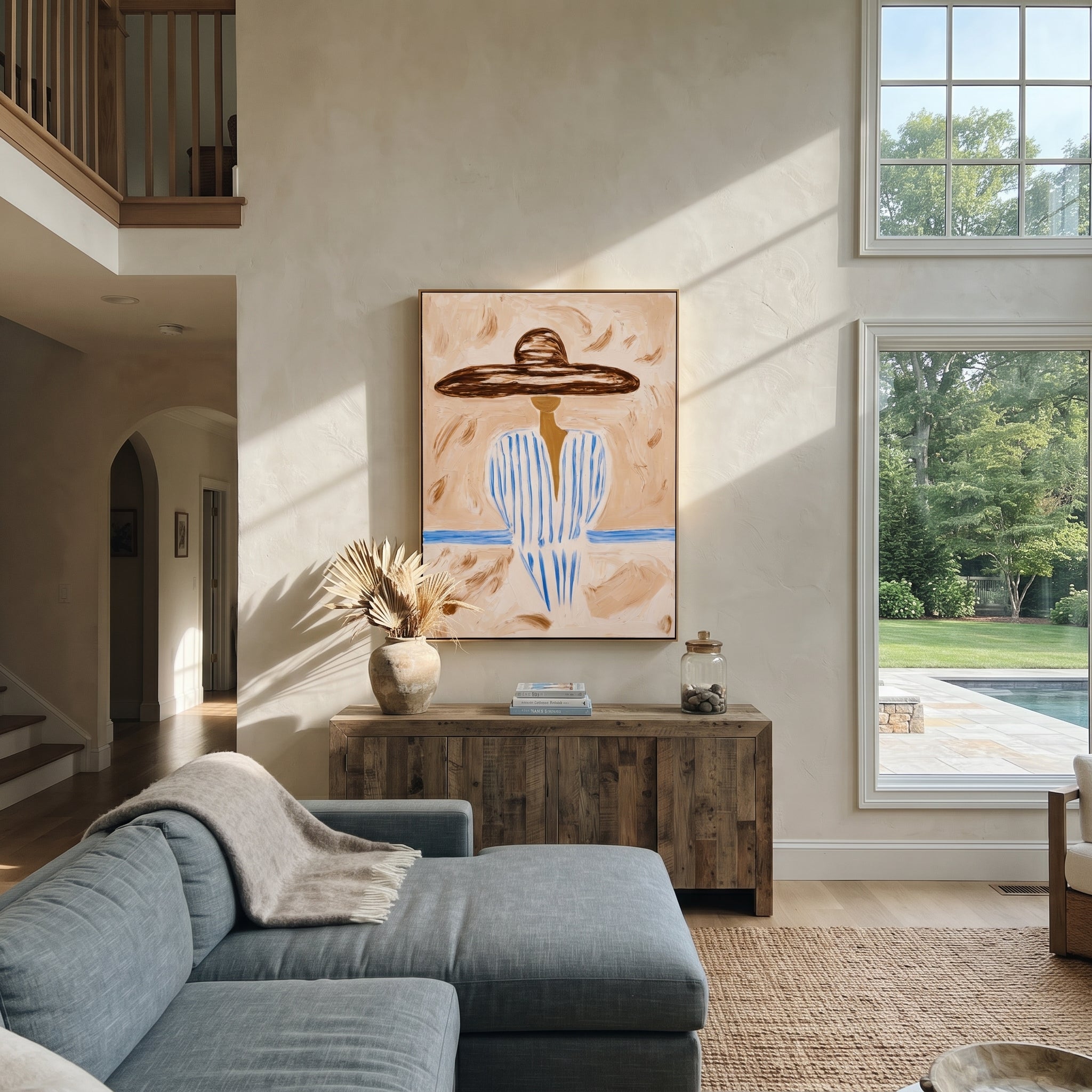 Pale Blue Holds Distance - blue striped sombrero figure painting by Elliot Vale, modern figurative vertical wall art - styled room scene view 2