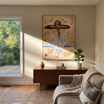 Pale Blue Holds Distance - blue striped sombrero figure painting by Elliot Vale, modern figurative vertical wall art - styled room scene view 3