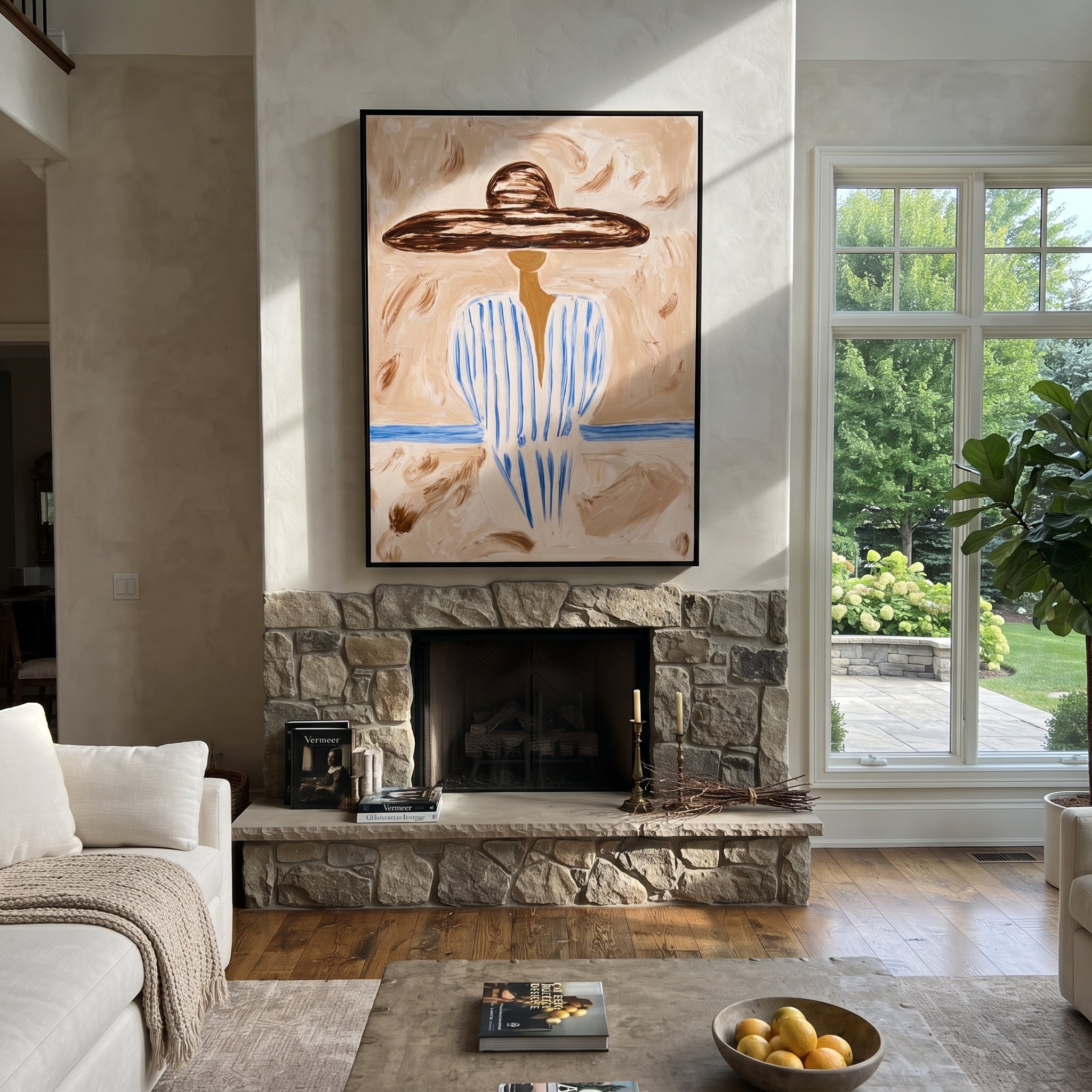Pale Blue Holds Distance - blue striped sombrero figure painting by Elliot Vale, modern figurative vertical wall art - styled room scene view 4