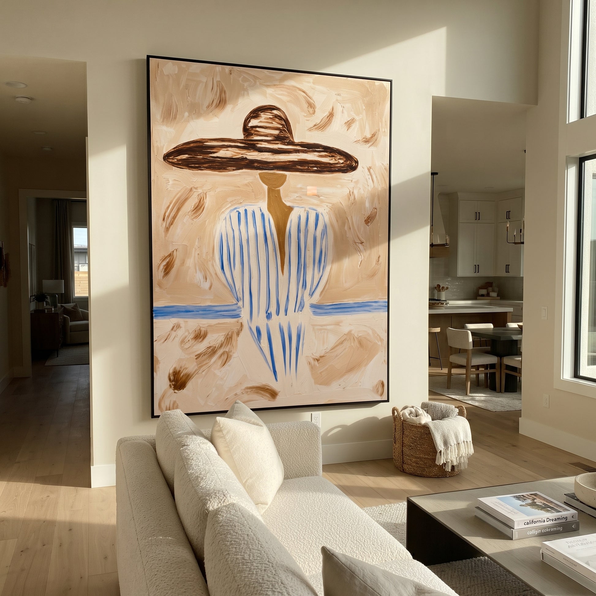 Pale Blue Holds Distance - blue striped sombrero figure painting by Elliot Vale, modern figurative vertical wall art - styled room scene view 5