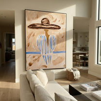 Pale Blue Holds Distance - blue striped sombrero figure painting by Elliot Vale, modern figurative vertical wall art - styled room scene view 5