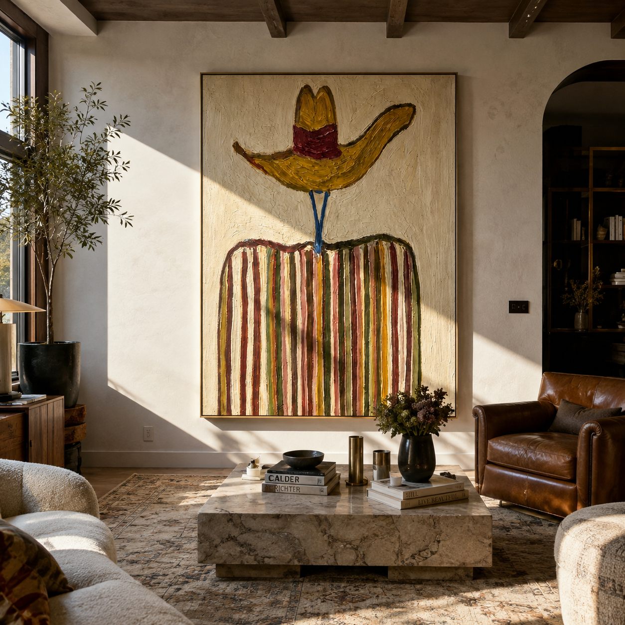 Golden Brim Crowns Stripes - golden hat striped figure painting by Elliot Vale, modern figurative vertical wall art - styled room scene view 1