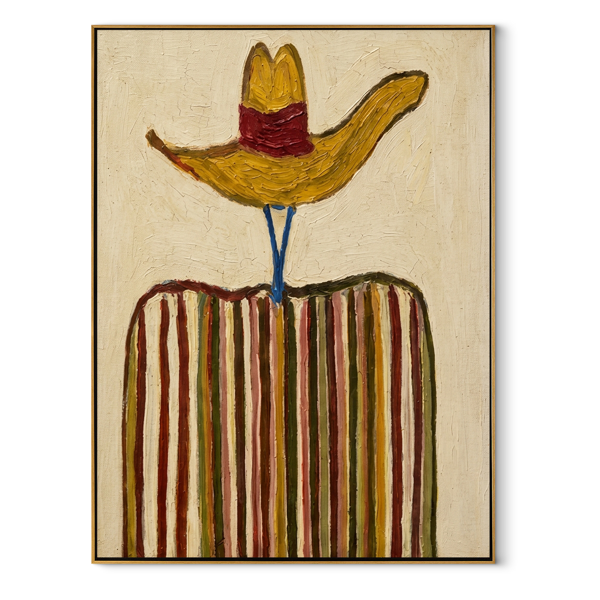 Golden Brim Crowns Stripes - golden hat striped figure painting by Elliot Vale, modern figurative vertical wall art - framed artwork on white background