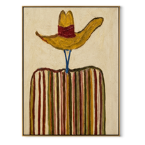 Golden Brim Crowns Stripes - golden hat striped figure painting by Elliot Vale, modern figurative vertical wall art - framed artwork on white background
