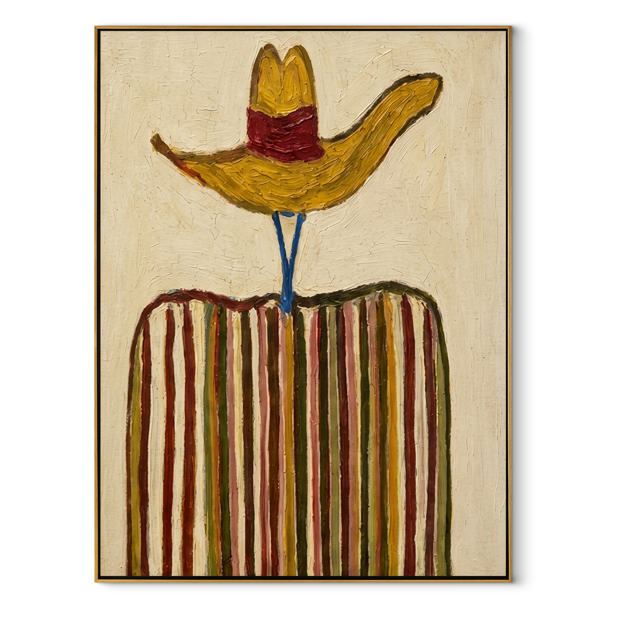 Golden Brim Crowns Stripes - golden hat striped figure painting by Elliot Vale, modern figurative vertical wall art - framed artwork on white background