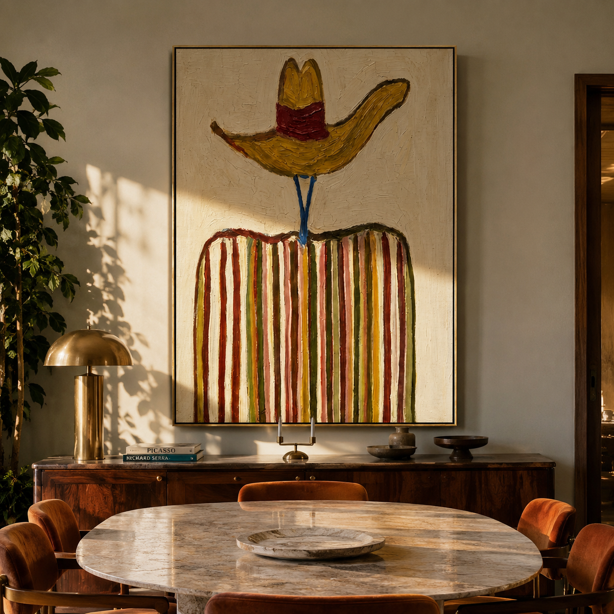Golden Brim Crowns Stripes - golden hat striped figure painting by Elliot Vale, modern figurative vertical wall art - styled room scene view 2