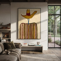 Golden Brim Crowns Stripes - golden hat striped figure painting by Elliot Vale, modern figurative vertical wall art - styled room scene view 3
