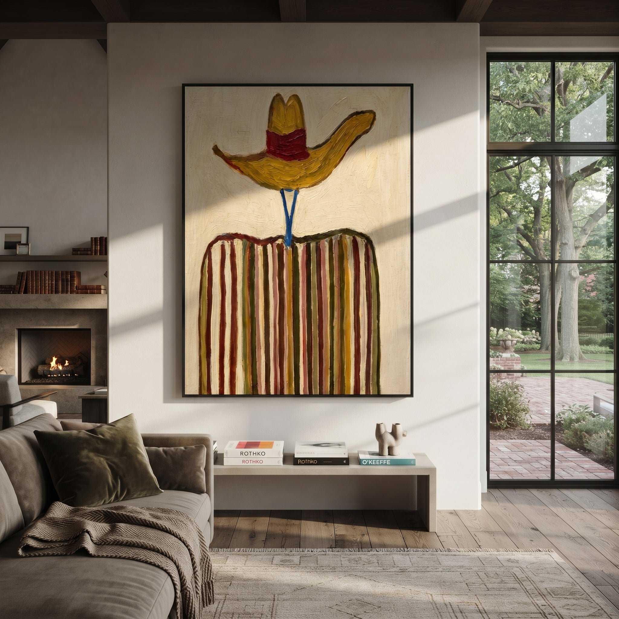Golden Brim Crowns Stripes - golden hat striped figure painting by Elliot Vale, modern figurative vertical wall art - styled room scene view 3