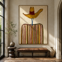 Golden Brim Crowns Stripes - golden hat striped figure painting by Elliot Vale, modern figurative vertical wall art - styled room scene view 4