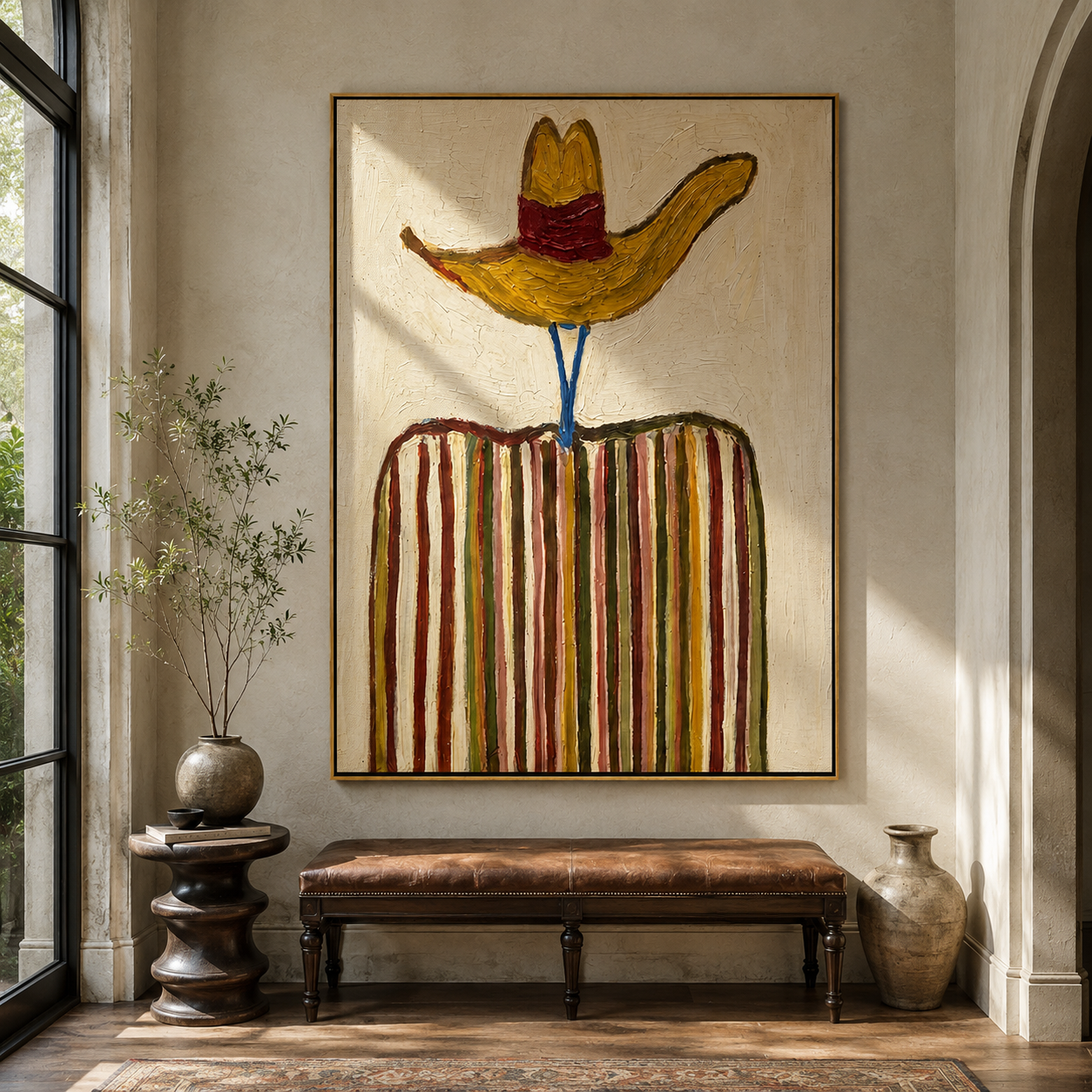 Golden Brim Crowns Stripes - golden hat striped figure painting by Elliot Vale, modern figurative vertical wall art - styled room scene view 4
