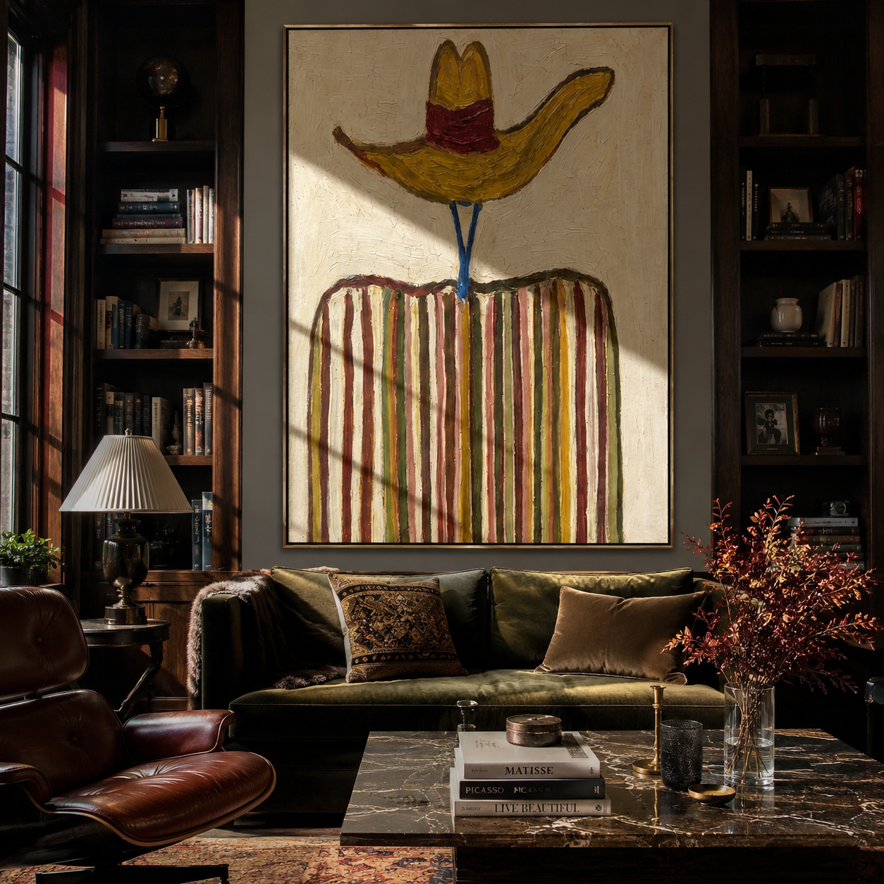 Golden Brim Crowns Stripes - golden hat striped figure painting by Elliot Vale, modern figurative vertical wall art - styled room scene view 5