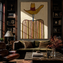 Golden Brim Crowns Stripes - golden hat striped figure painting by Elliot Vale, modern figurative vertical wall art - styled room scene view 5