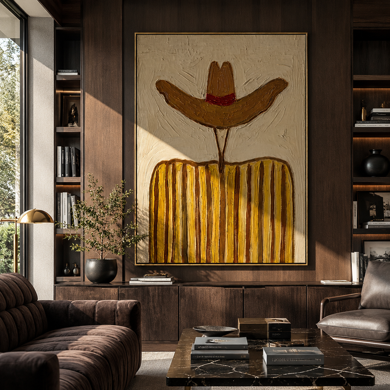 Rust Brim Guards Ochre - ochre striped cowboy figure painting by Elliot Vale, modern figurative vertical wall art - styled room scene view 1