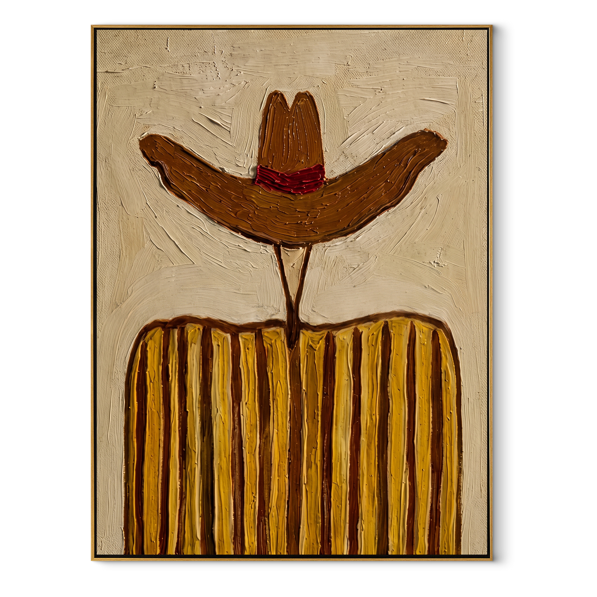 Rust Brim Guards Ochre - ochre striped cowboy figure painting by Elliot Vale, modern figurative vertical wall art - framed artwork on white background