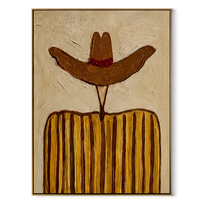 Rust Brim Guards Ochre - ochre striped cowboy figure painting by Elliot Vale, modern figurative vertical wall art - framed artwork on white background
