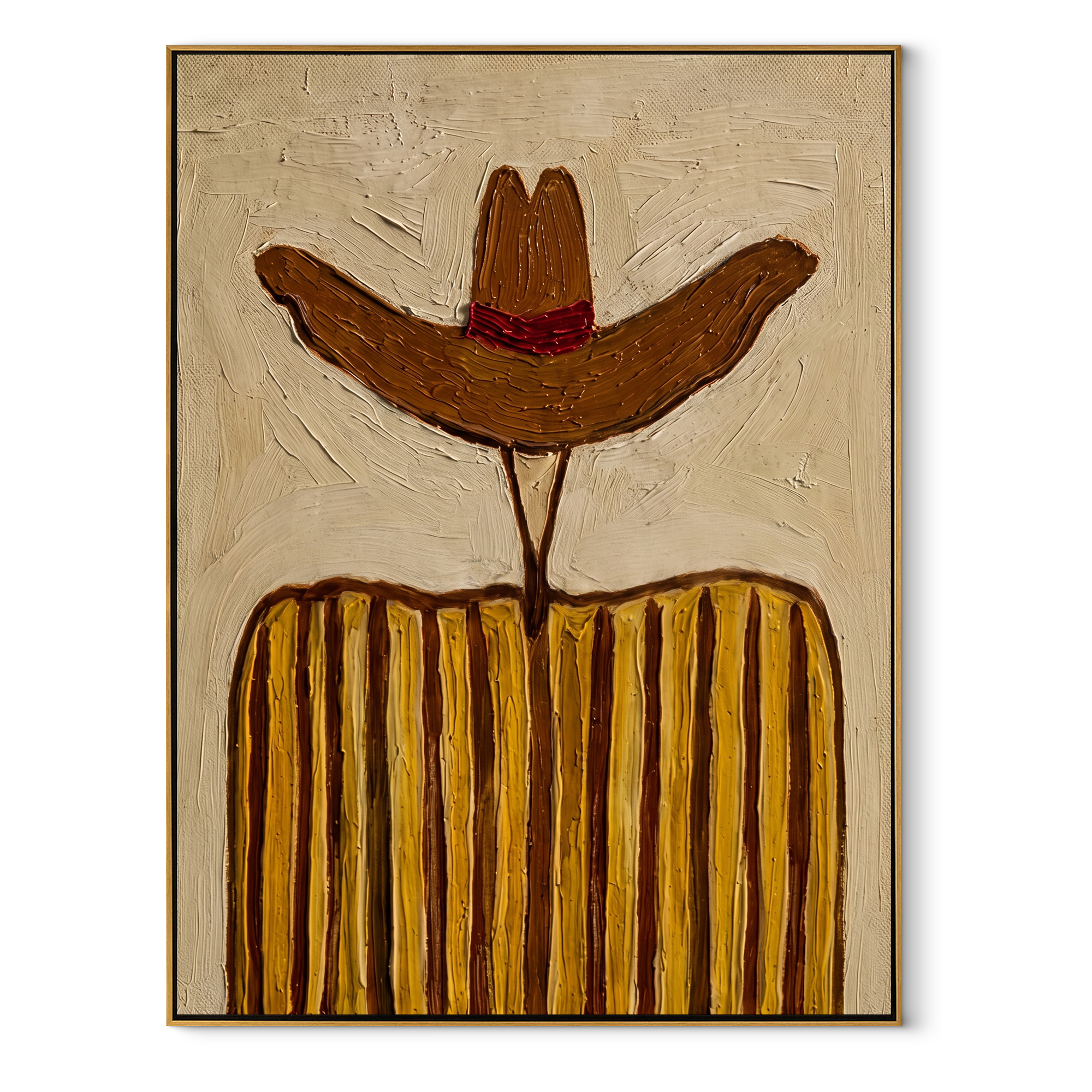 Rust Brim Guards Ochre - ochre striped cowboy figure painting by Elliot Vale, modern figurative vertical wall art - framed artwork on white background