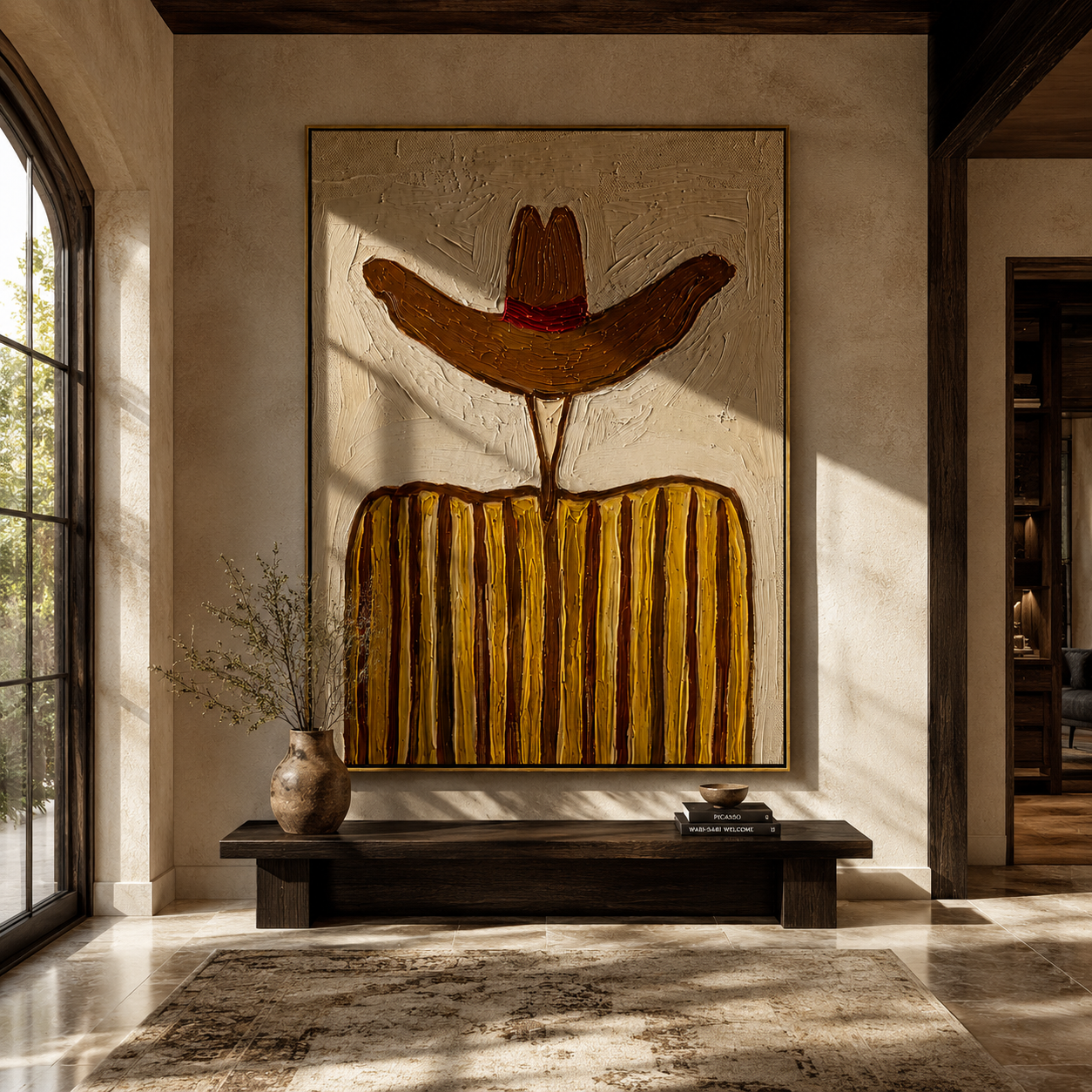 Rust Brim Guards Ochre - ochre striped cowboy figure painting by Elliot Vale, modern figurative vertical wall art - styled room scene view 2