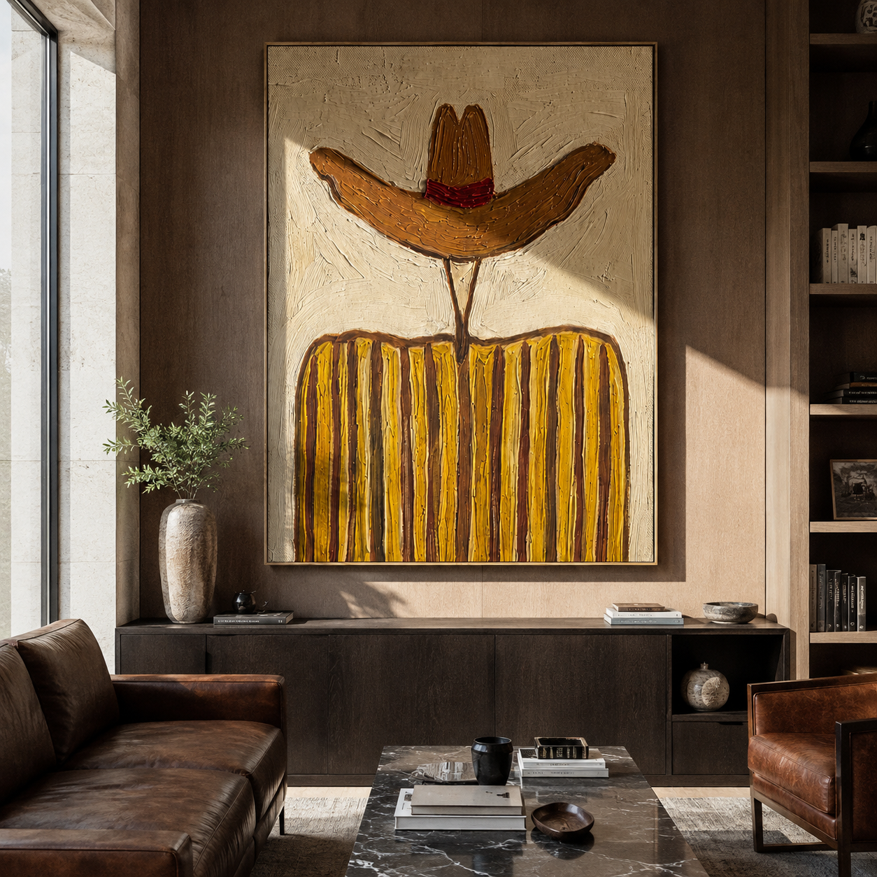 Rust Brim Guards Ochre - ochre striped cowboy figure painting by Elliot Vale, modern figurative vertical wall art - styled room scene view 3