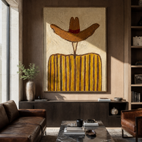 Rust Brim Guards Ochre - ochre striped cowboy figure painting by Elliot Vale, modern figurative vertical wall art - styled room scene view 3