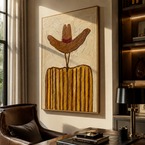 Rust Brim Guards Ochre - ochre striped cowboy figure painting by Elliot Vale, modern figurative vertical wall art - styled room scene view 4
