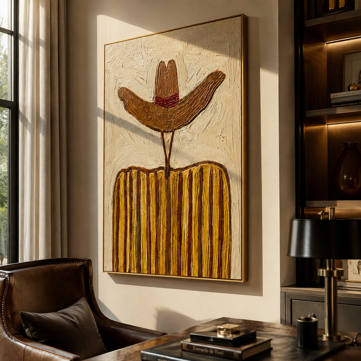 Rust Brim Guards Ochre - ochre striped cowboy figure painting by Elliot Vale, modern figurative vertical wall art - styled room scene view 4
