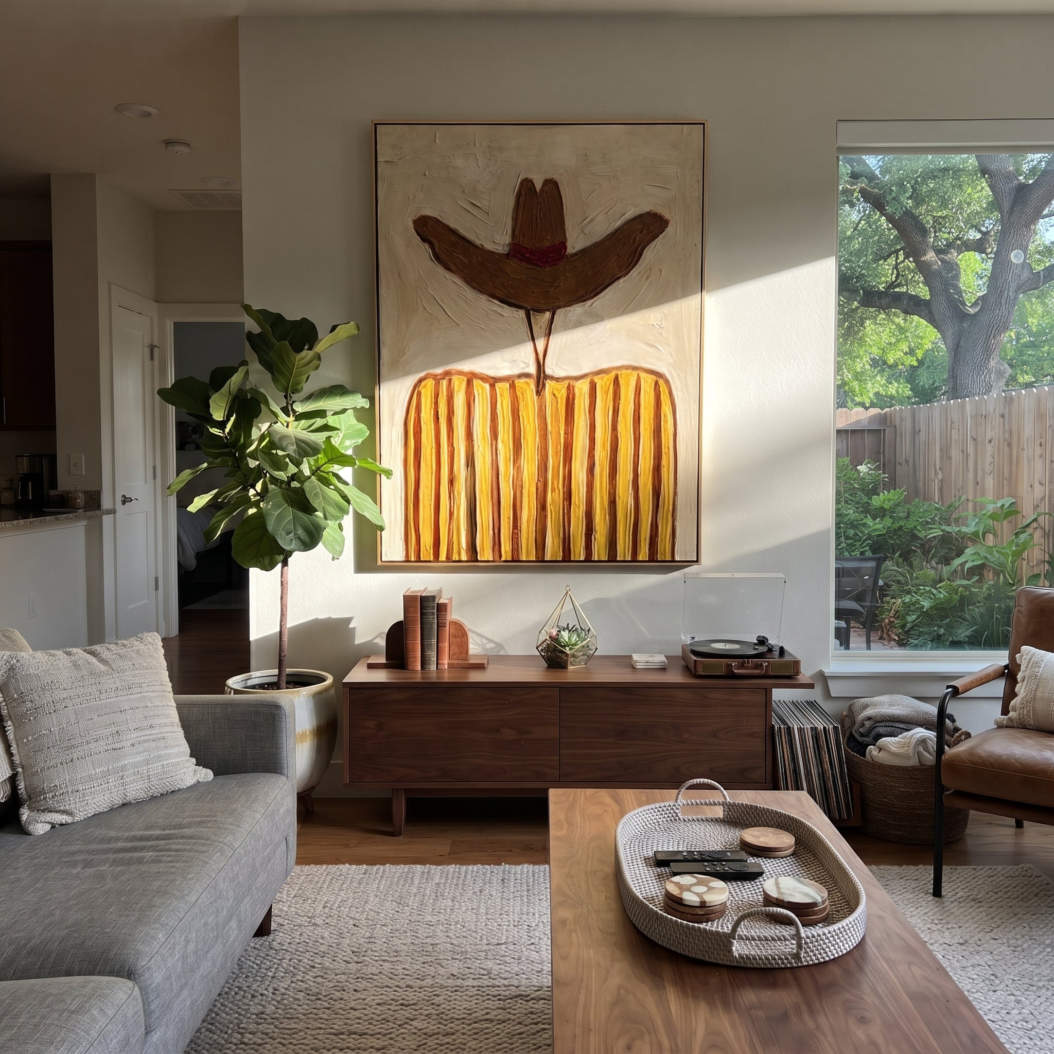 Rust Brim Guards Ochre - ochre striped cowboy figure painting by Elliot Vale, modern figurative vertical wall art - styled room scene view 5