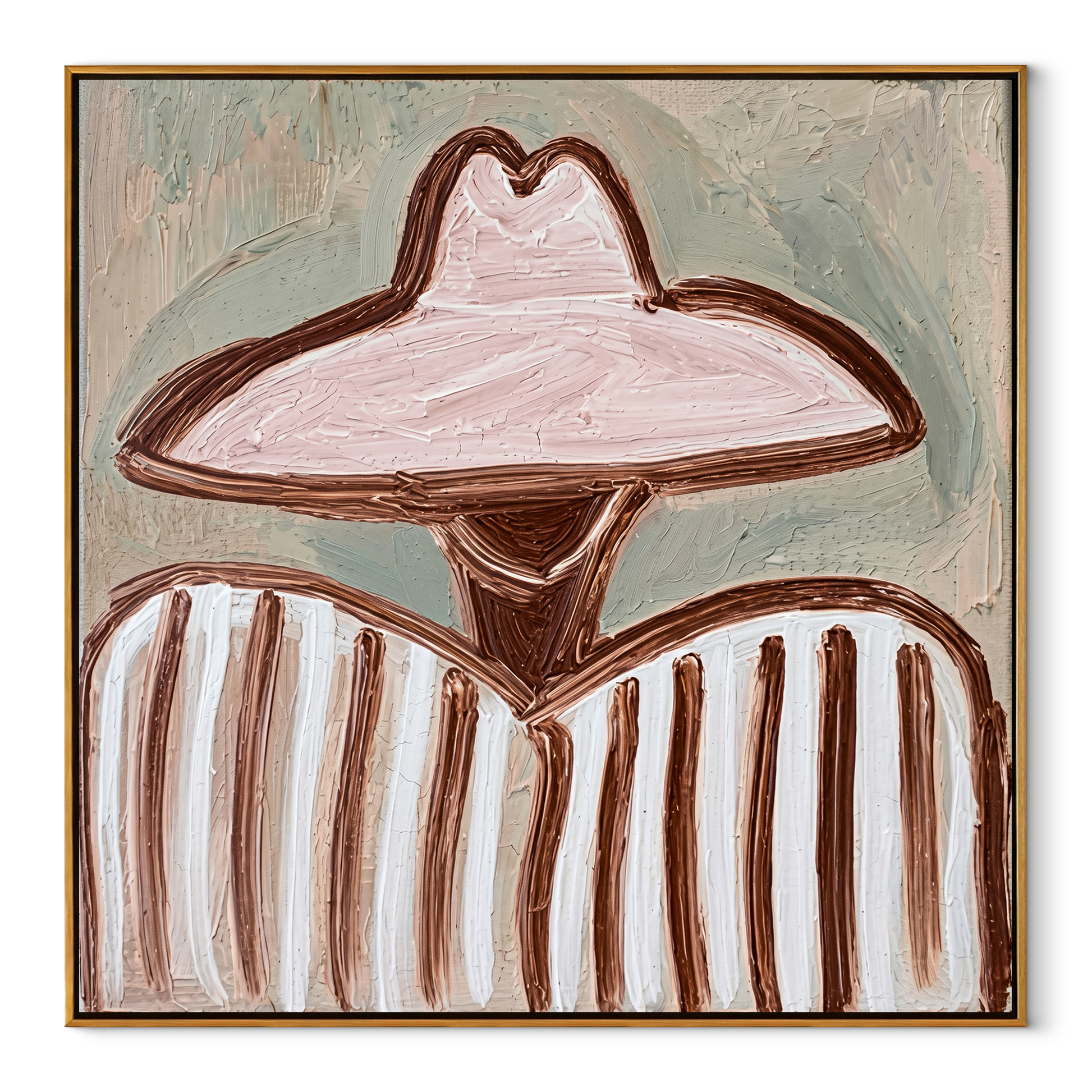 Pink Brim Softens Lines - pink hat striped figure painting by Elliot Vale, modern figurative square wall art - framed artwork on white background