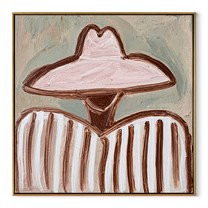Pink Brim Softens Lines - pink hat striped figure painting by Elliot Vale, modern figurative square wall art - framed artwork on white background