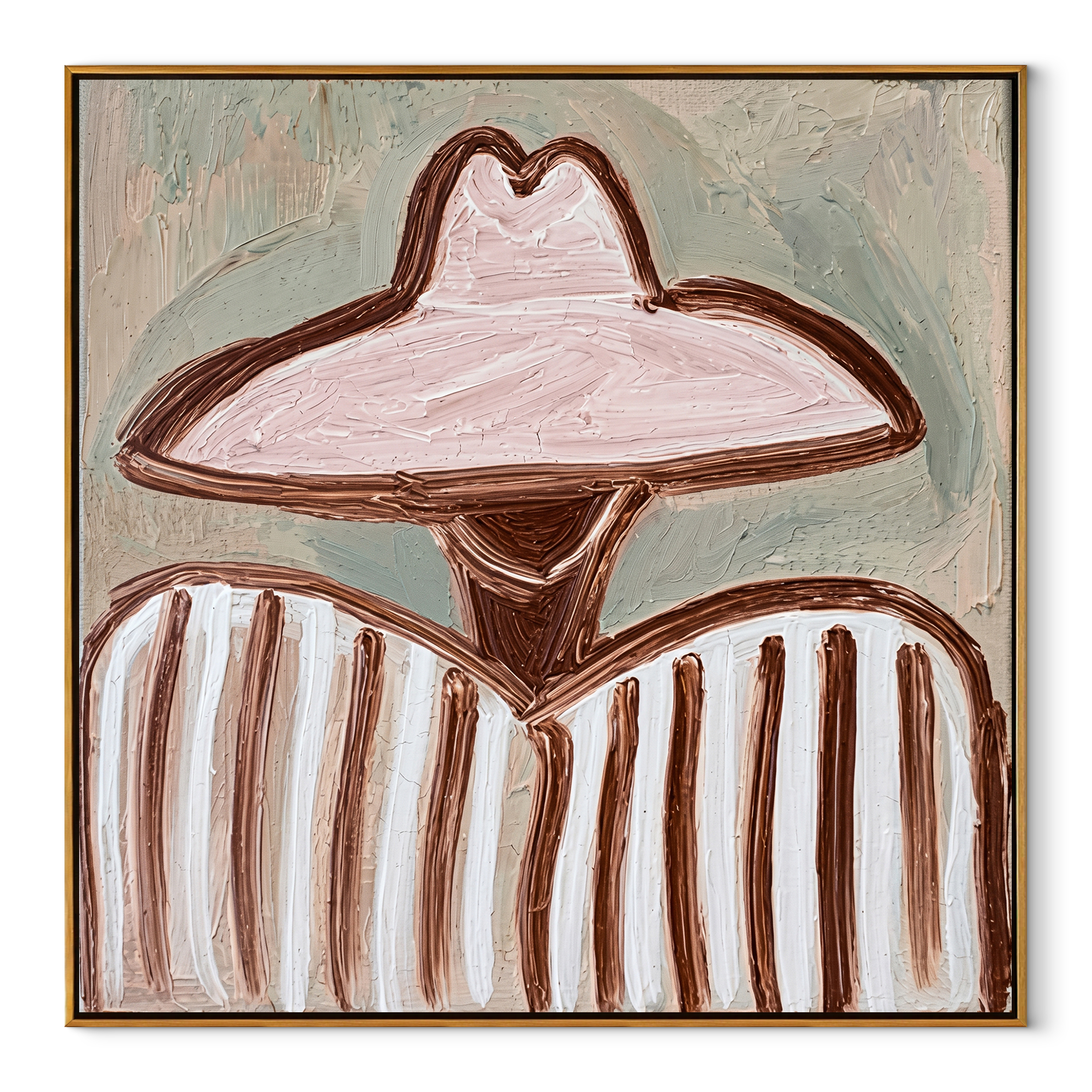 Pink Brim Softens Lines - pink hat striped figure painting by Elliot Vale, modern figurative square wall art - framed artwork on white background