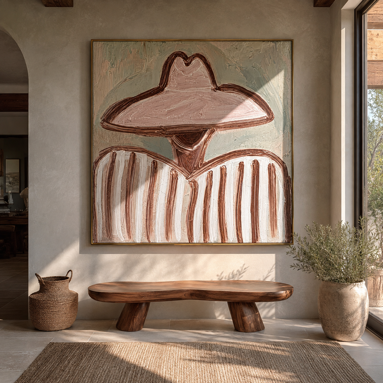 Pink Brim Softens Lines - pink hat striped figure painting by Elliot Vale, modern figurative square wall art - styled room scene view 2