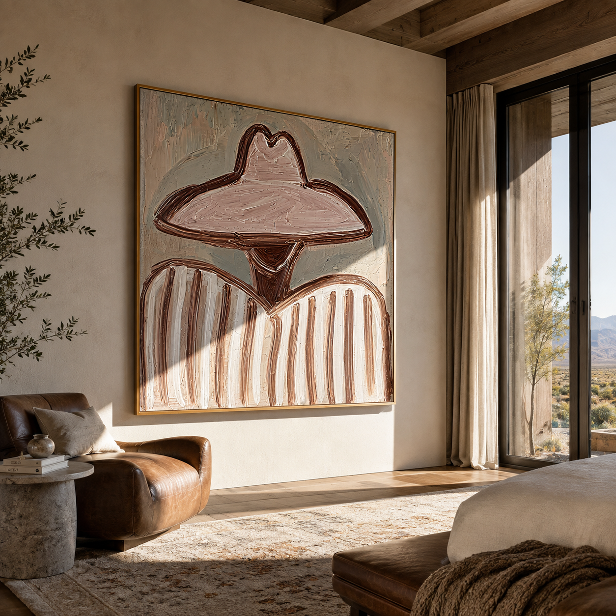 Pink Brim Softens Lines - pink hat striped figure painting by Elliot Vale, modern figurative square wall art - styled room scene view 3